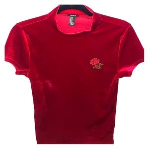 Velvet red top with flower patch